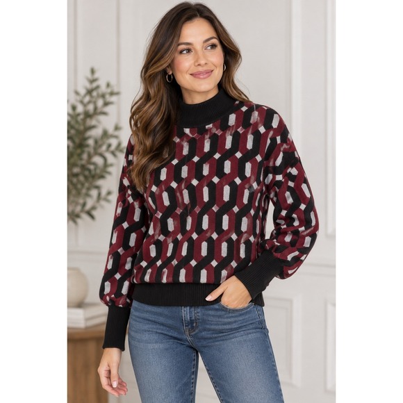 Christian Siriano Sweaters - Christian Siriano Black Red Geometric Mock Neck Sweater Womens XL Long Sleeve